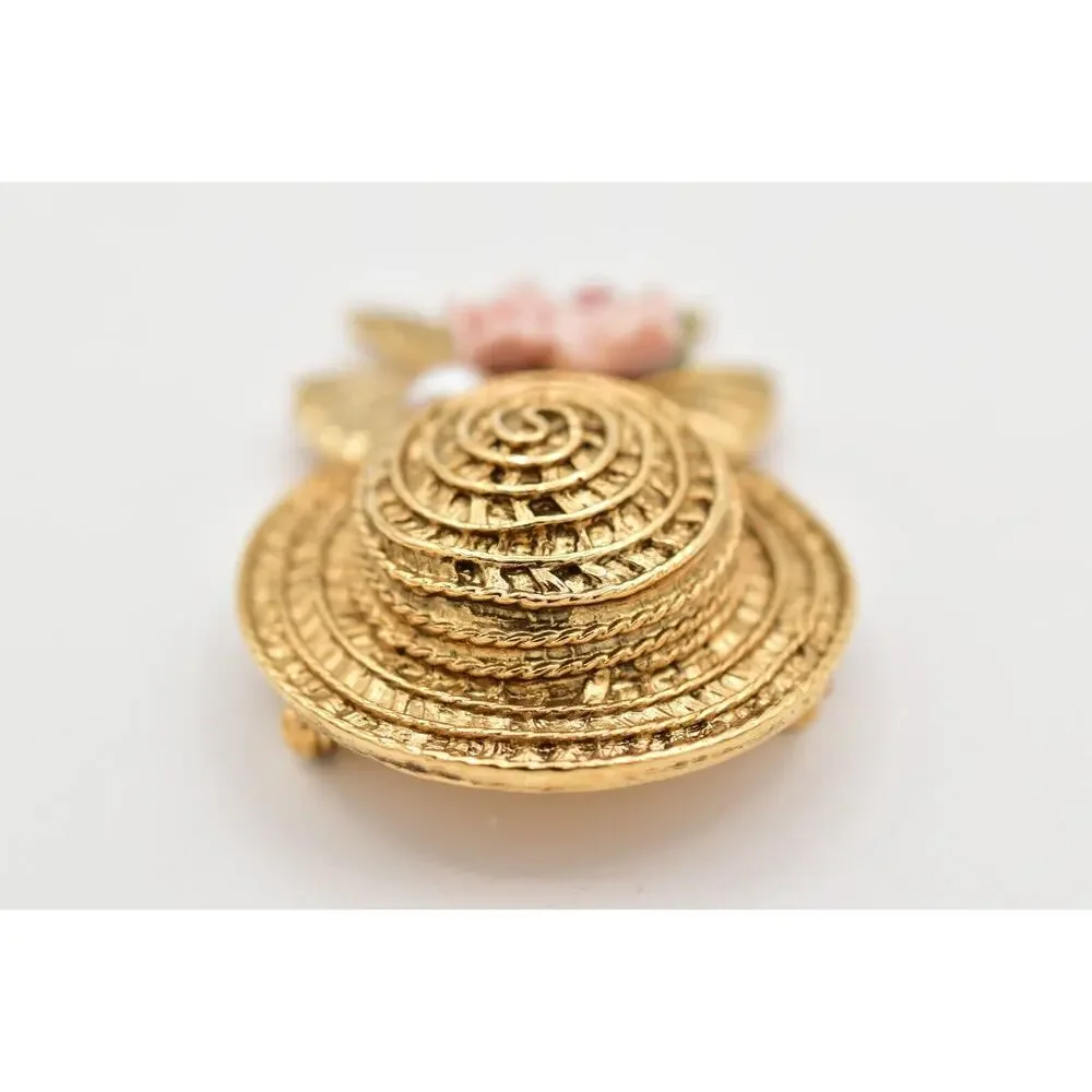 1928 Vintage Sun Hat Brooch Pin Pearl Pink Rose Bow Gold Chunky 1980s BinBK